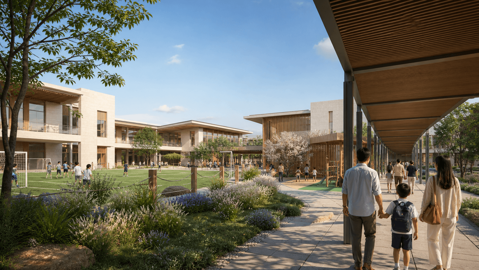 Low-rise education campus with shaded walkways and sports field