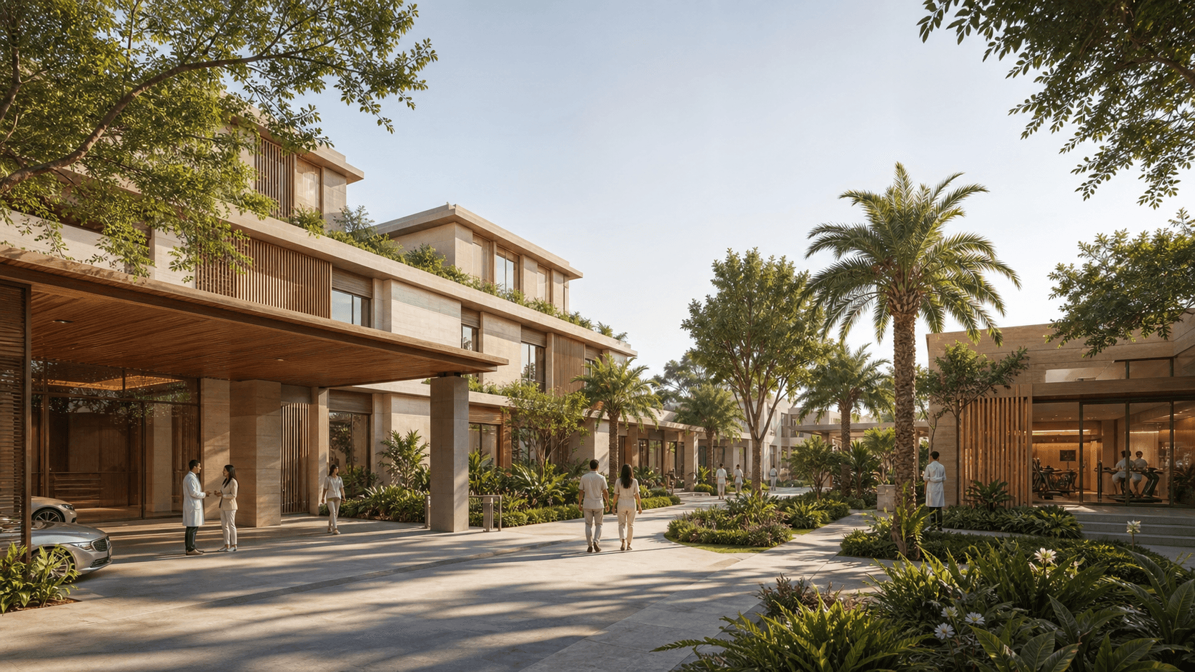 Low-rise medical and wellness centre with landscaped courtyard