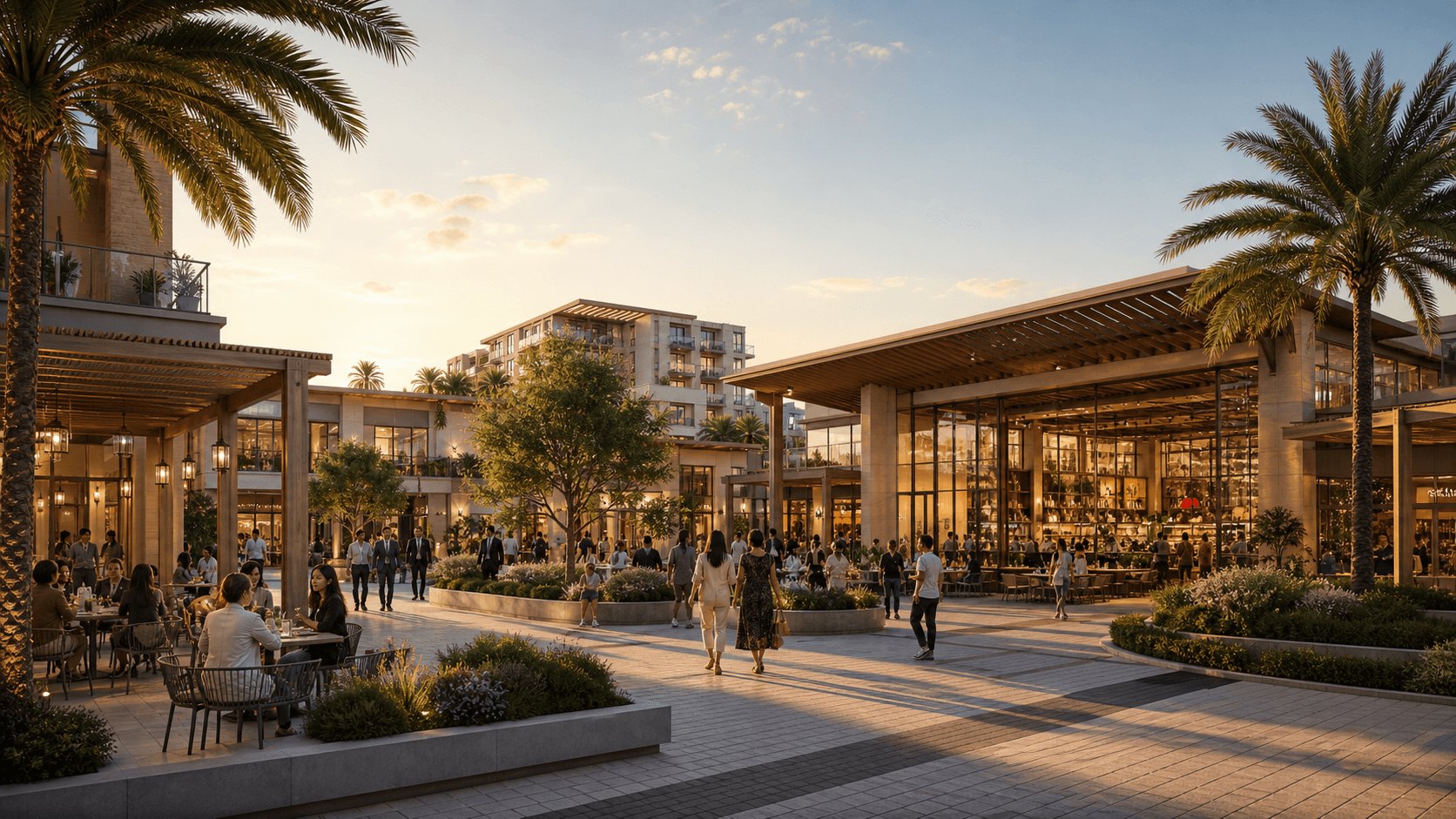 Low-rise K-Core plaza with market, dining, and business pavilions