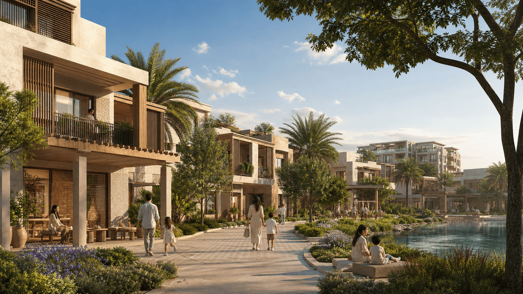 Low-rise courtyard homes beside a landscaped water walk