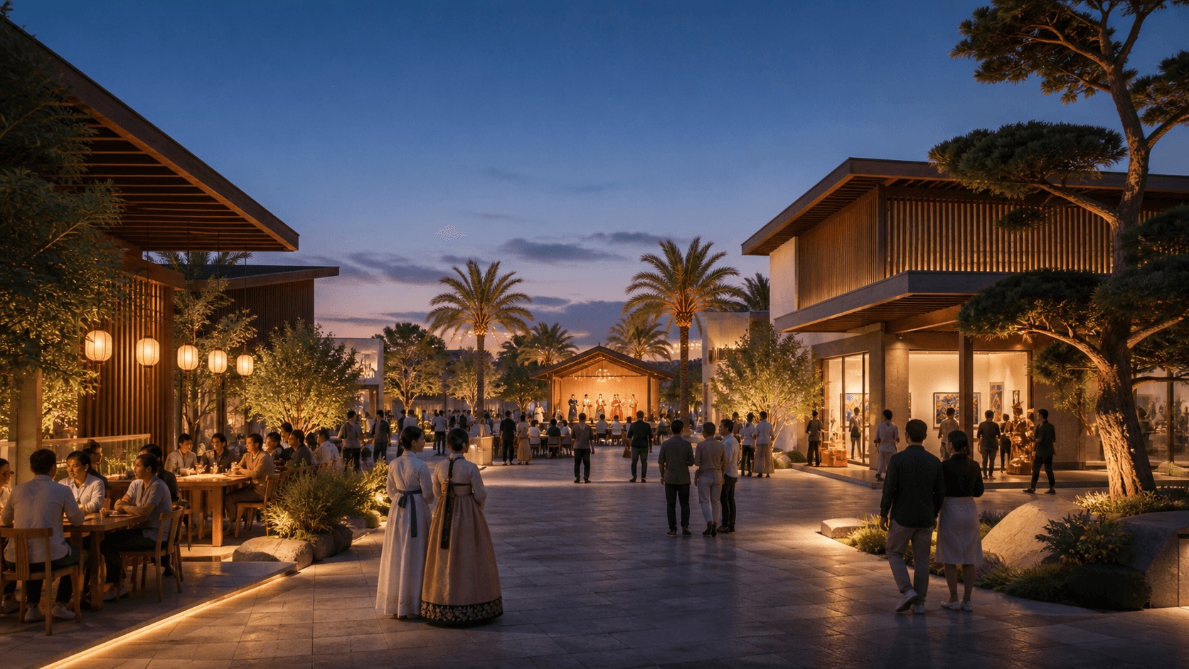Low-rise culture and dining street with evening performance pavilion