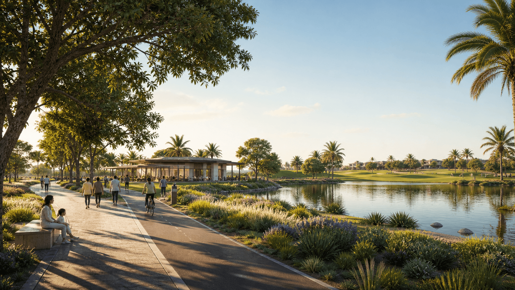 Low-rise recreation pavilion beside a landscaped park and water