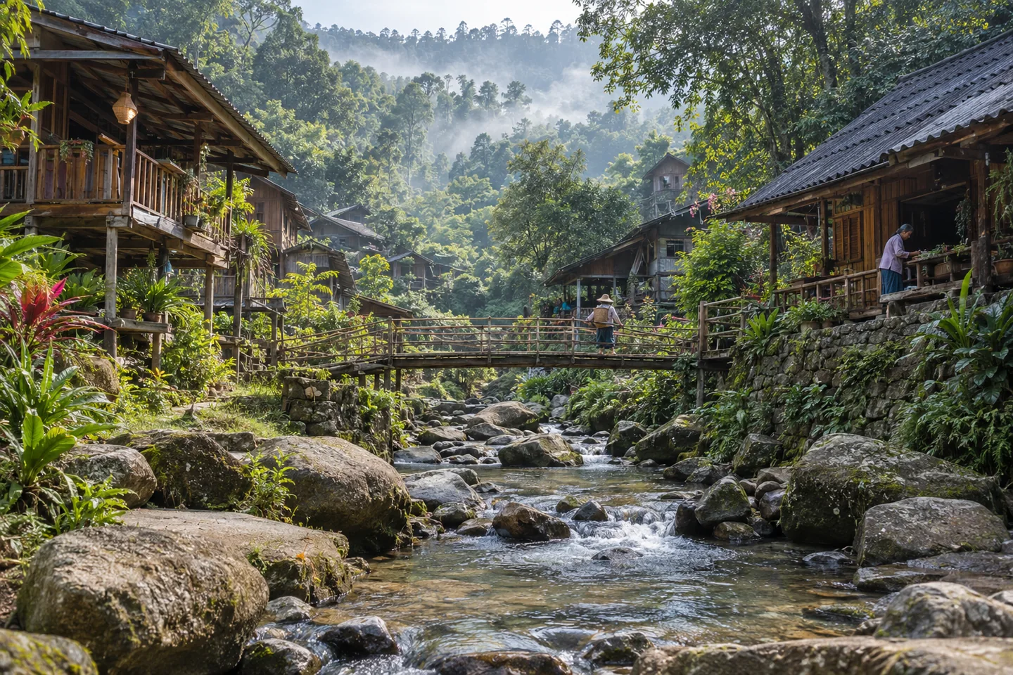 치앙마이 근교의 산촌과 숲에서 하루를 보내는 분위기를 그린 AI 여행 이미지