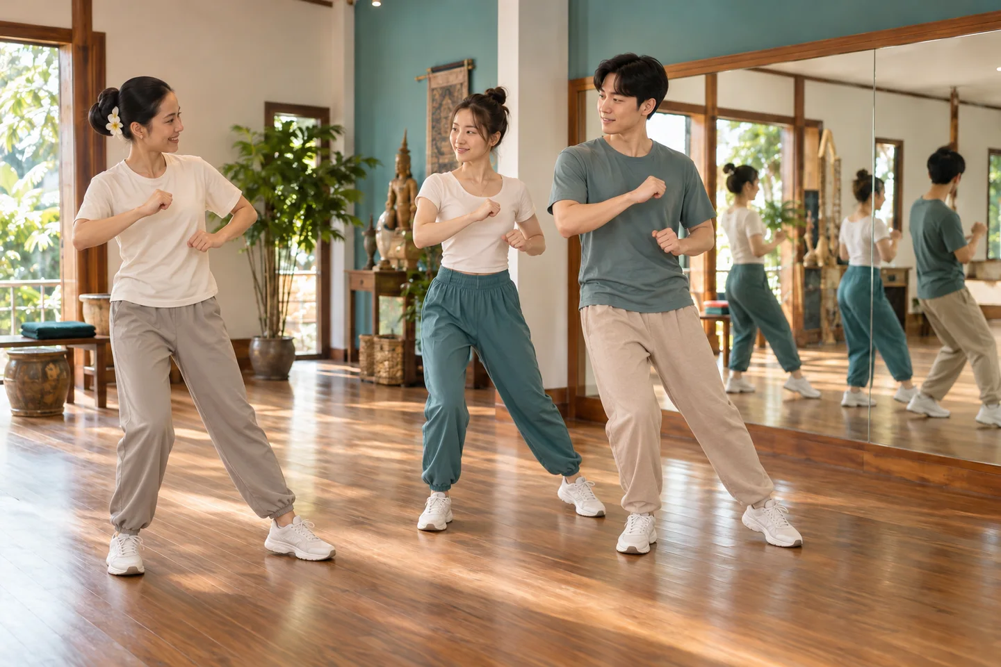 음악에 맞춰 동작을 함께 배우는 태국과 한국의 성인 참여자 · AI 콘셉트 · 실제 장소·시설 사진 아님
