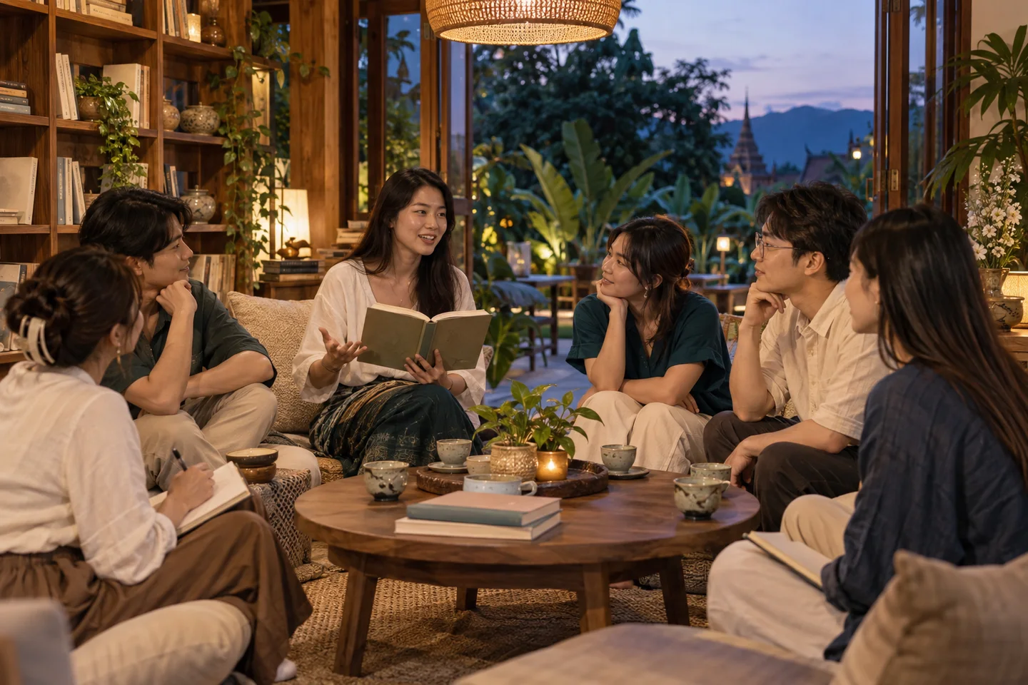 치앙마이의 아늑한 문화 공간에서 이야기를 나누는 모임 · AI 콘셉트 · 실제 장소·시설 사진 아님