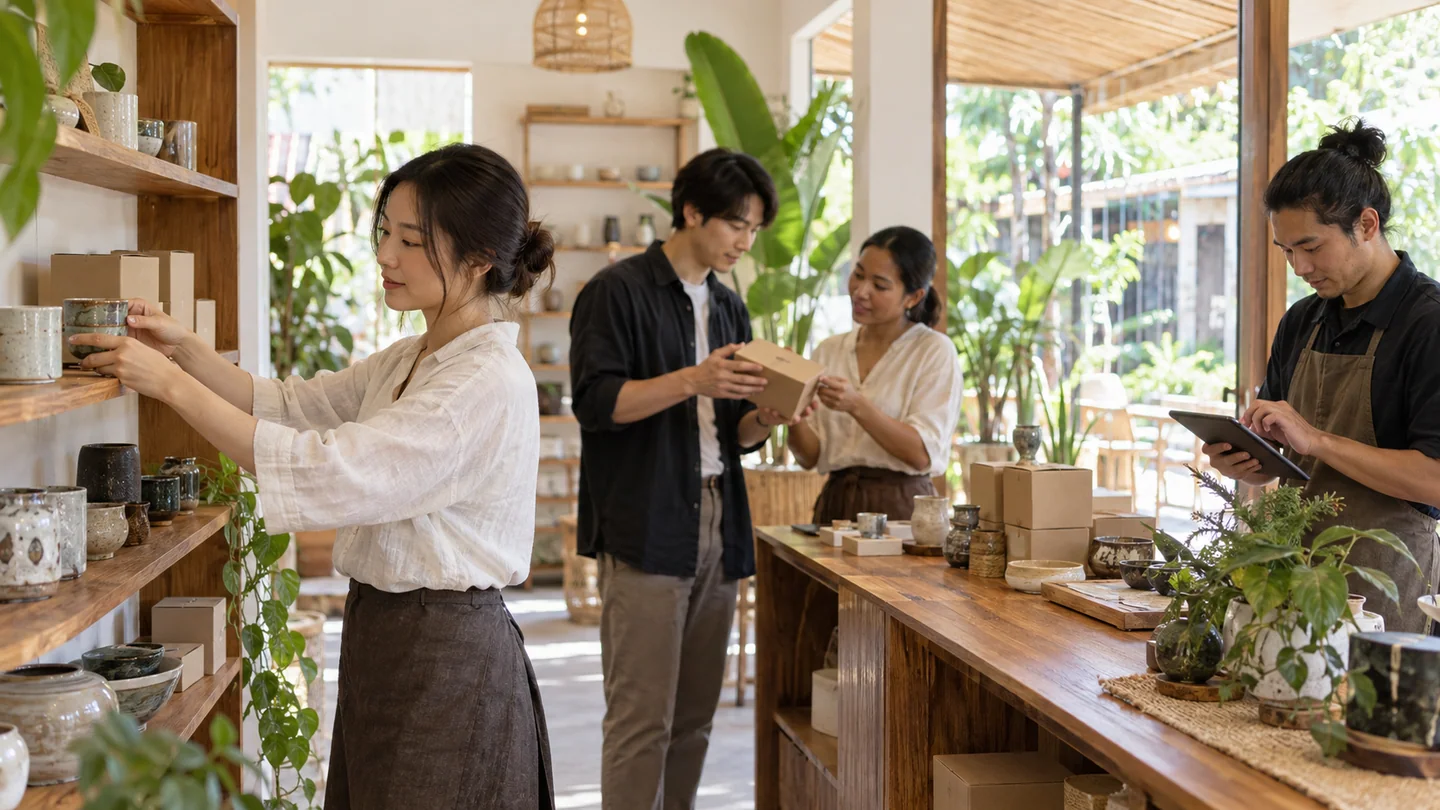 치앙마이 라이프스타일 매장에서 제품과 서비스 운영을 준비하는 팀 · AI 콘셉트 · 실제 장소·시설 사진 아님