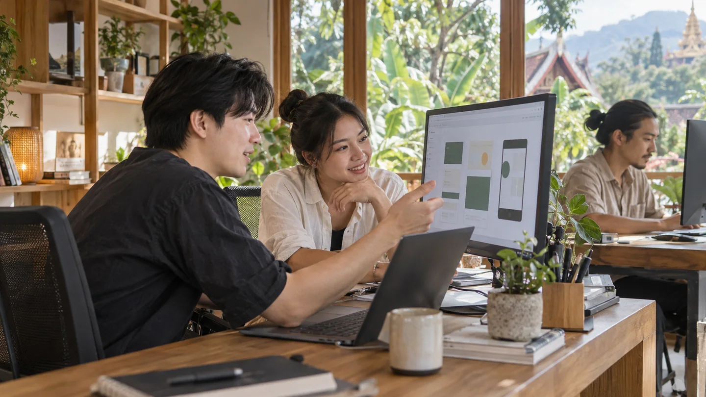 치앙마이 IT 스튜디오에서 디지털 제품을 개발하는 한국·태국 협업팀 · AI 콘셉트 · 실제 장소·시설 사진 아님