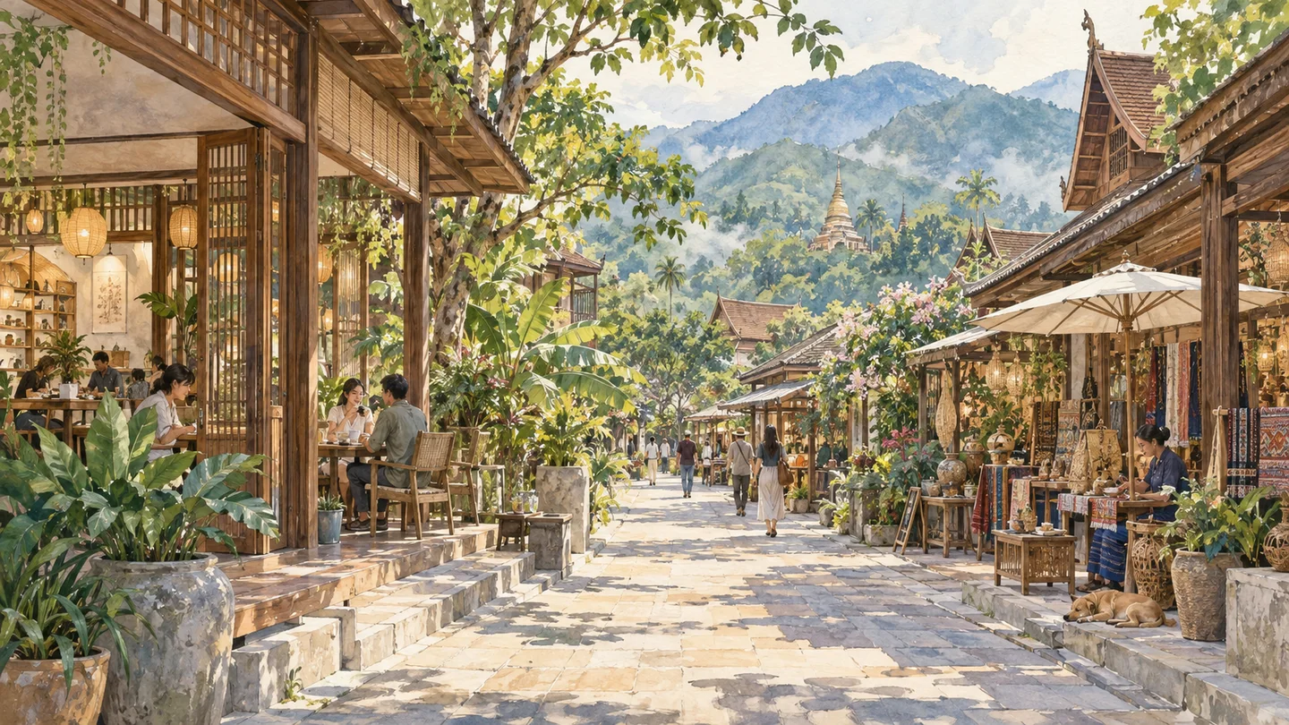 치앙마이의 산과 마을을 담은 수채화 · AI 콘셉트 · 실제 장소·시설 사진 아님
