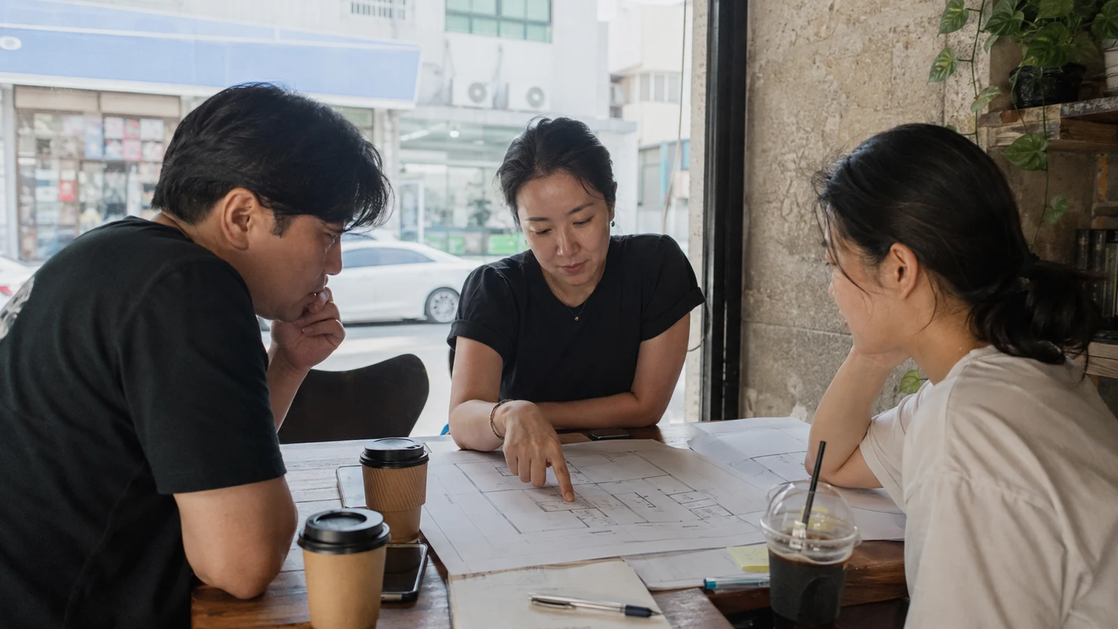 거리와 연결된 작은 사무실에서 사업 계획을 이야기하는 사람들